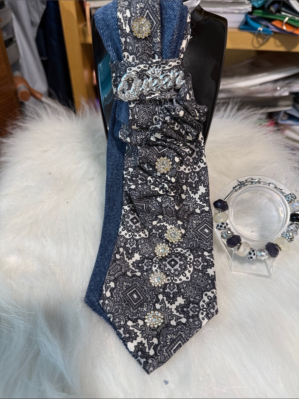 Black & White Paisley Jeweled Necktie